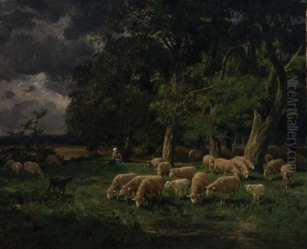 A Shepherdess Watching Her Flock by Charles Emile Jacque