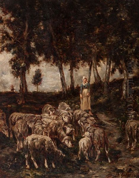 Shepherdess And Flock Oil Painting by Charles Emile Jacque