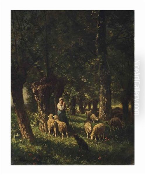 A Shepherdess And Her Sheep Oil Painting by Charles Emile Jacque