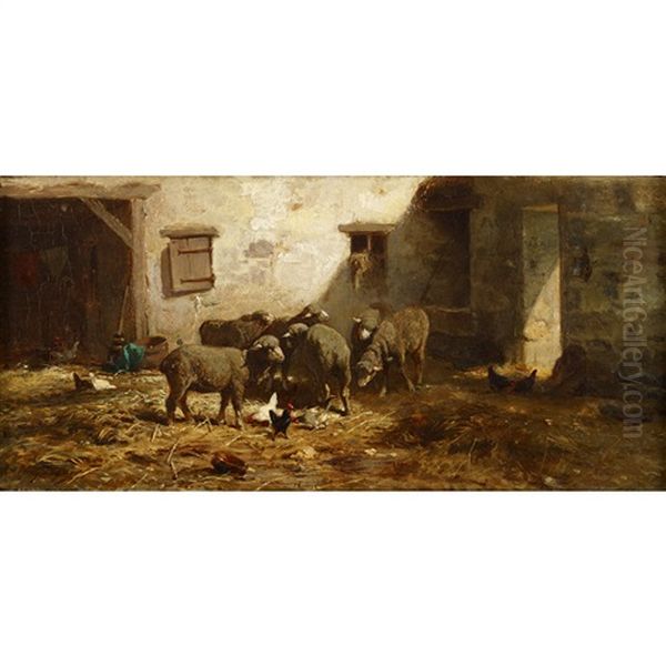 Sheep In A Farmyard Oil Painting by Charles Emile Jacque