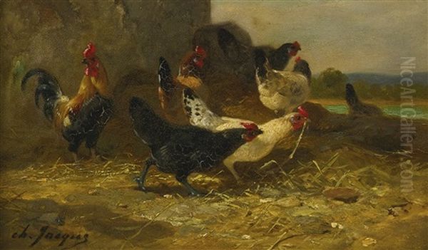 Hens And Cocks Oil Painting by Charles Emile Jacque