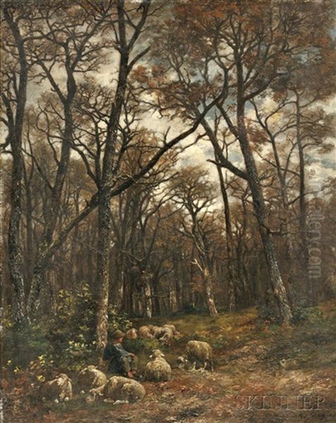 Shepherd And Flock In A Forest Glade Oil Painting by Charles Emile Jacque