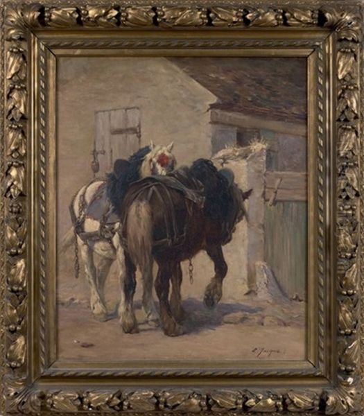 Deux Chevaux Devant L'ecurie Oil Painting by Charles Emile Jacque