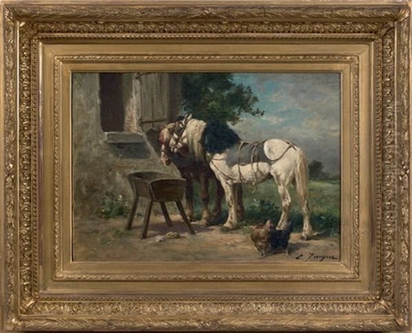 Deux Chevaux Devant L'abreuvoir Oil Painting by Charles Emile Jacque