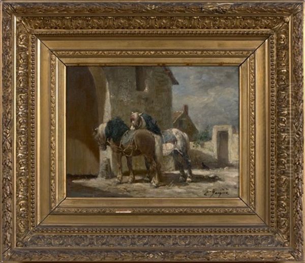 Deux Chevaux Devant La Porte Cochere Oil Painting by Charles Emile Jacque