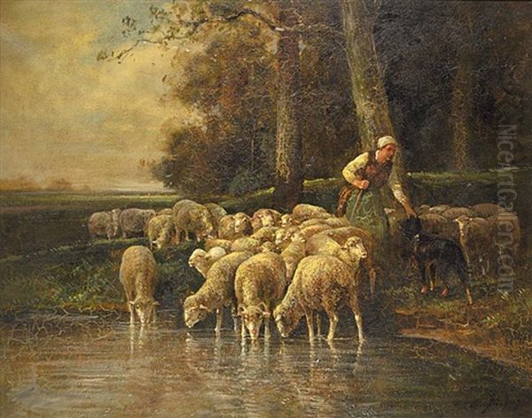 Untitled - Shepherd Watering The Flock Oil Painting by Charles Emile Jacque