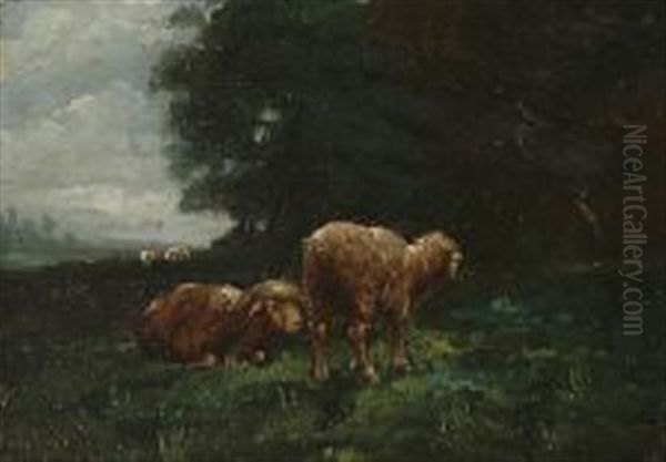 Grazing Sheep Oil Painting by Charles Emile Jacque