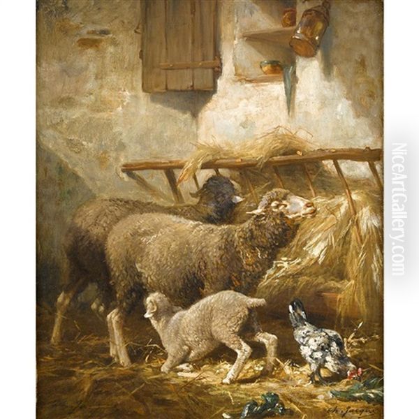 Sheep In A Stable Oil Painting by Charles Emile Jacque