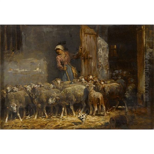 Sheepfold With Shepherdess Oil Painting by Charles Emile Jacque