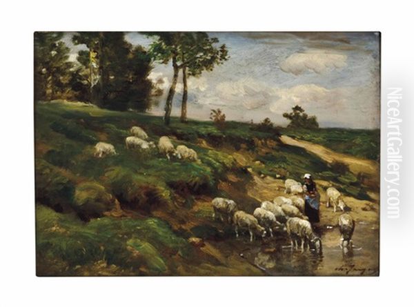 Bergere Et Ses Moutons Oil Painting by Charles Emile Jacque