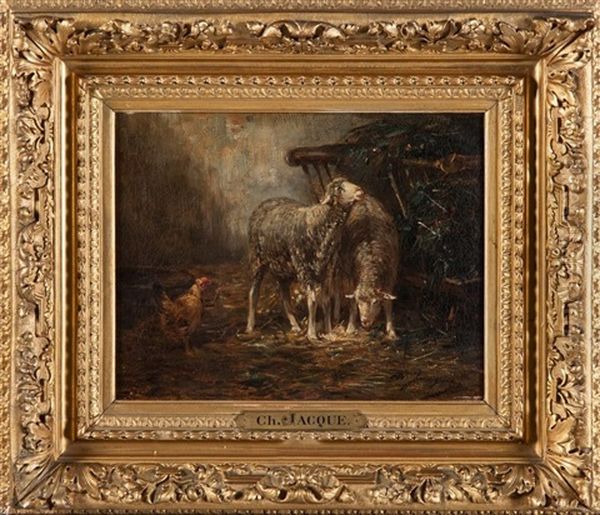 Moutons Et Coq Dans Une Ecurie Oil Painting by Charles Emile Jacque