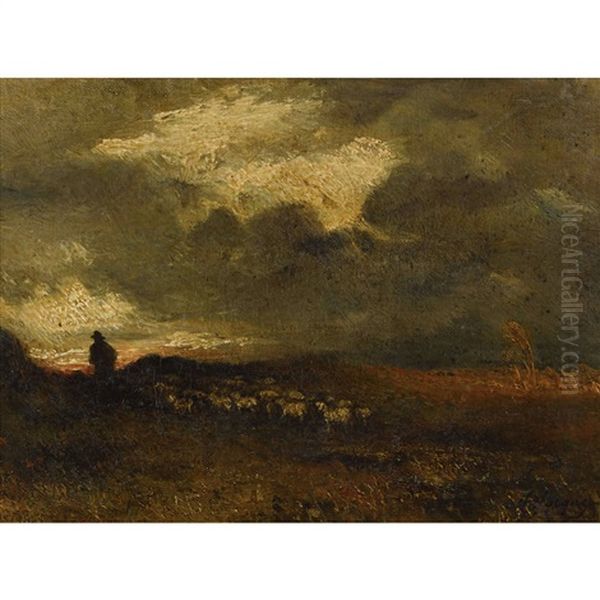 Hirte Mit Schafherde Im Abendlicht Oil Painting by Charles Emile Jacque