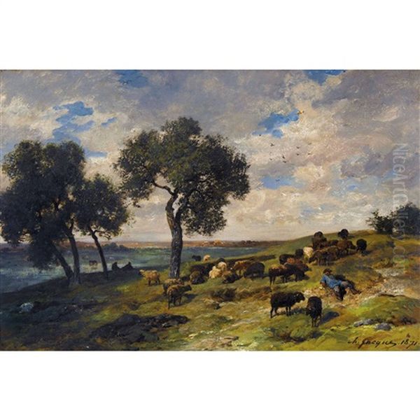 Landschaft Mit Schafer Und Herde Oil Painting by Charles Emile Jacque