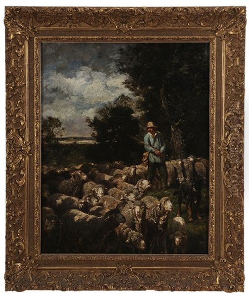 Shepherd With Flock Of Sheep Oil Painting by Charles Emile Jacque