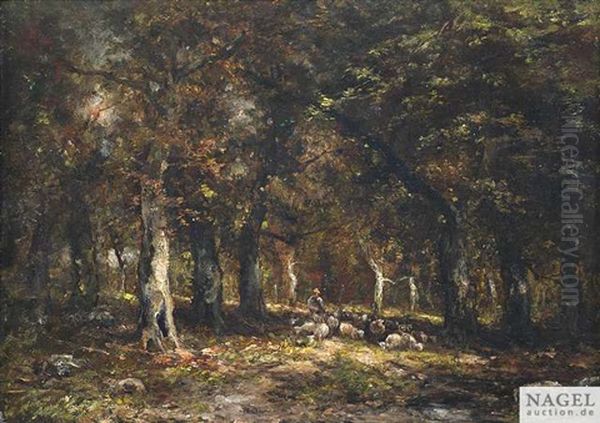 Waldinneres Mit Schafherde Oil Painting by Charles Emile Jacque