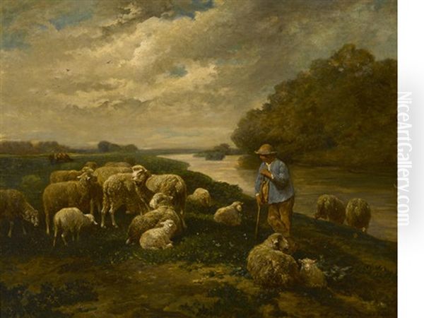 Un Berger Avec Ses Moutons Au Bord De La Riviere Oil Painting by Charles Emile Jacque