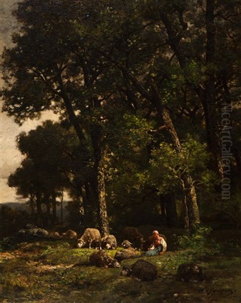 Shepherdess With Her Flock At The Edge Of The Forest Oil Painting by Charles Emile Jacque