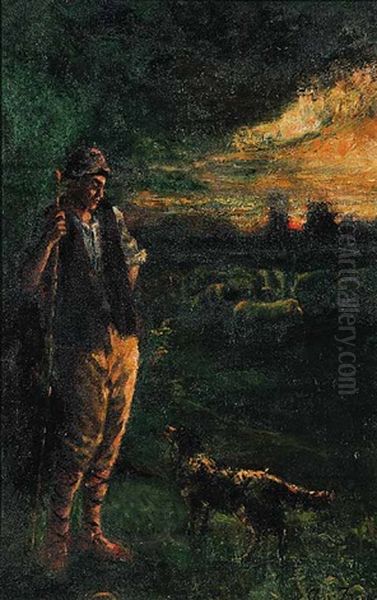 Untitled - Shepherd And His Dog Oil Painting by Charles Emile Jacque