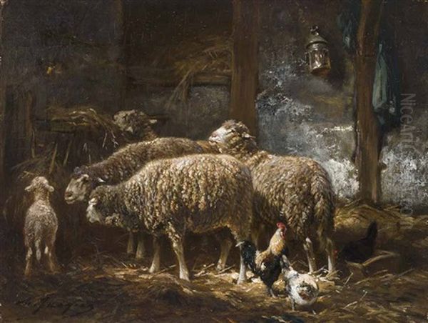 Schafe Mit Huhnern Im Stall Oil Painting by Charles Emile Jacque