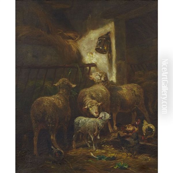 Sheep And Poultry In A Stable Oil Painting by Charles Emile Jacque