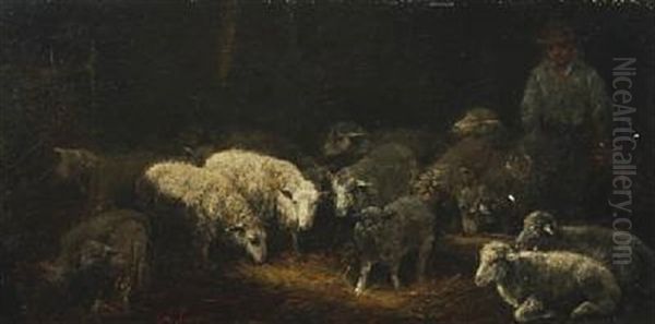 Sheep And Shepherd Boy In A Barn Oil Painting by Charles Emile Jacque