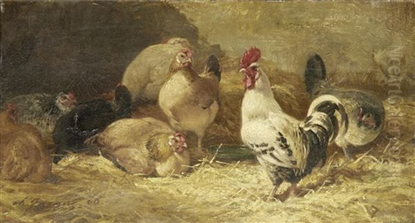 Chickens In A Barn Oil Painting by Charles Emile Jacque