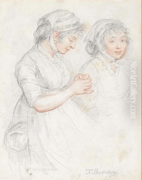 Portrait Study Of Two Young Girls In Cotten Bonnets Oil Painting by Francesco Bartolozzi