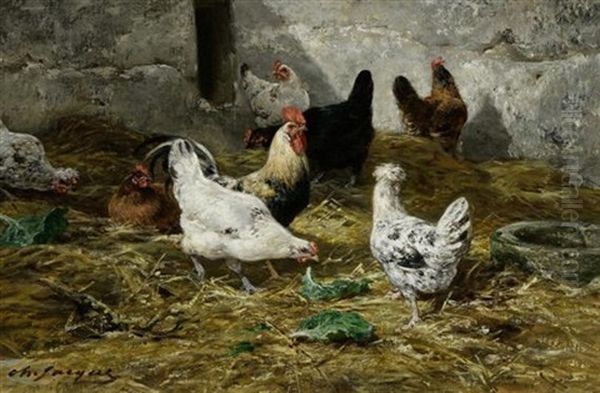 Poules A La Ferme Oil Painting by Charles Emile Jacque