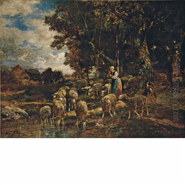 Watering Hole Oil Painting by Charles Emile Jacque