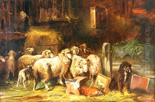 Sheepfold With Artist's Easel And A Painting Oil Painting by Charles Emile Jacque