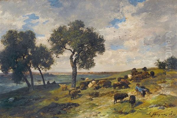 Landschaft Mit Schafer Und Herde Oil Painting by Charles Emile Jacque