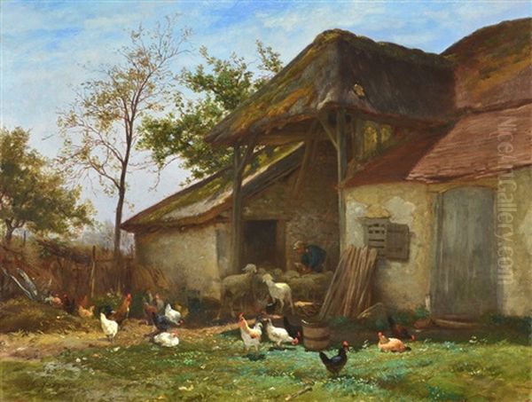 La Cour Oil Painting by Charles Emile Jacque