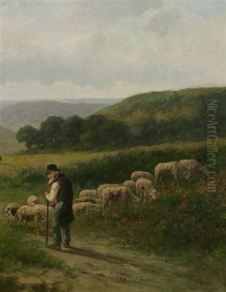 Shepherd In The Meadow Oil Painting by Charles Emile Jacque