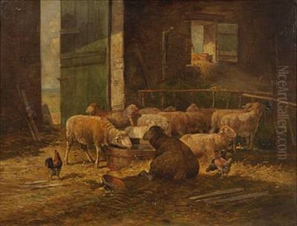 Sheep In A Barn Interior Oil Painting by Charles Emile Jacque