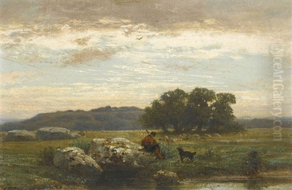 Abendliche Landschaft Mit Einem Schafer Oil Painting by Charles Emile Jacque