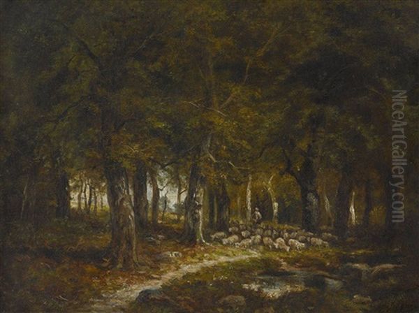 Schafer Mit Herde In Waldlandschaft Oil Painting by Charles Emile Jacque