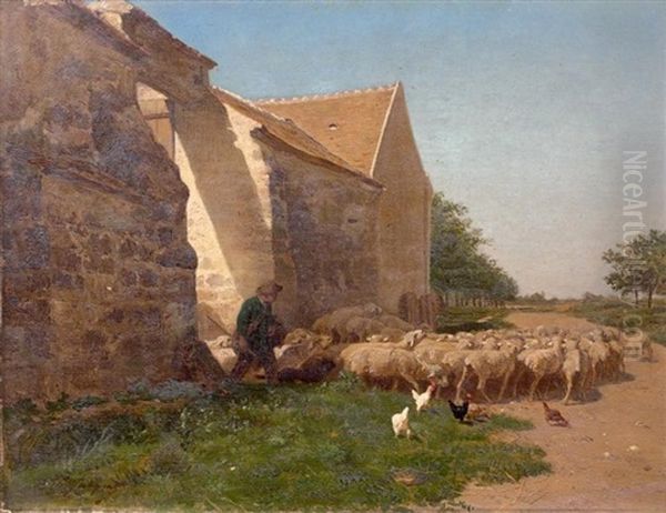 Berger Et Son Troupeau Sortant De La Ferme Oil Painting by Charles Emile Jacque