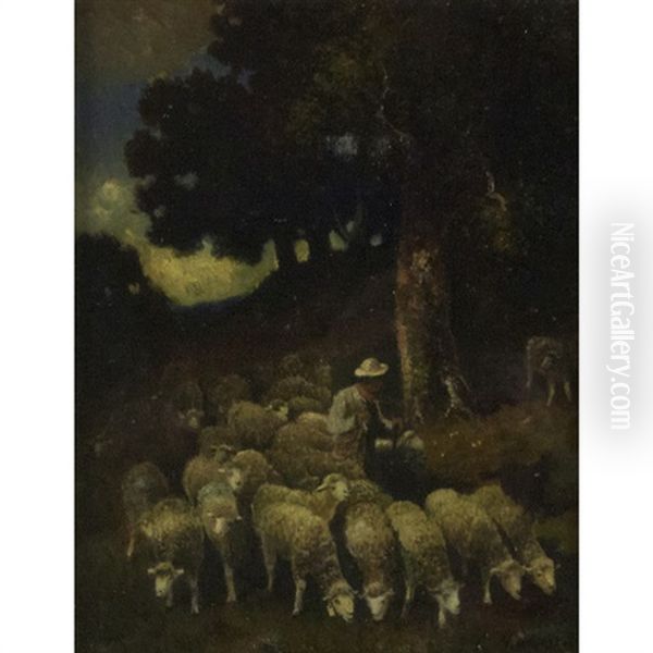 Pastoral Landscape With Shepherd And Flock Oil Painting by Charles Emile Jacque