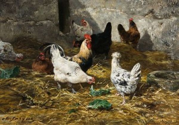 Der Huhnerstall (poules A La Ferme) Oil Painting by Charles Emile Jacque