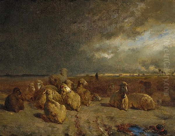 Ruhende Schafherde In Abendlicher Weidelandschaft Mit Abziehendem Gewitter Oil Painting by Charles Emile Jacque