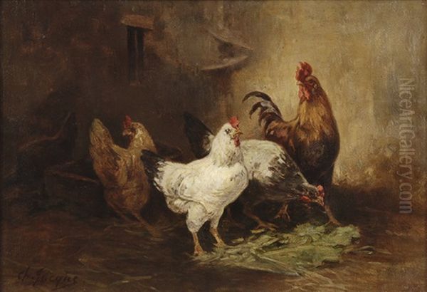 Coq Et Poules A La Bergerie Oil Painting by Charles Emile Jacque