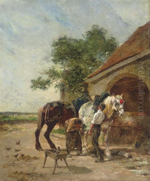 Attending To The Horses Oil Painting by Charles Emile Jacque