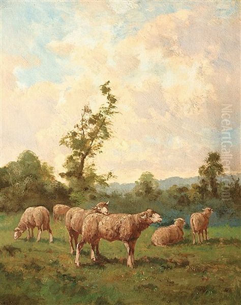 Schafe In Eineer Sommerlandschaft (pair) Oil Painting by Charles Emile Jacque