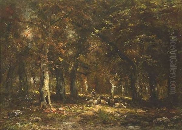 Waldinneres Mit Einer Schafherde Oil Painting by Charles Emile Jacque