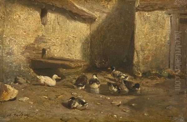 Landlicher Hof Mit Enten Oil Painting by Charles Emile Jacque