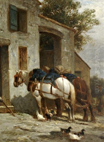 Chevaux Apres La Moisson Oil Painting by Charles Emile Jacque