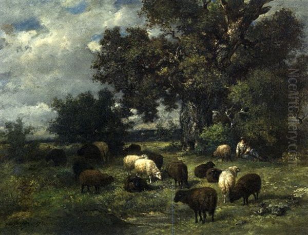 Berger Et Ses Moutons Oil Painting by Charles Emile Jacque