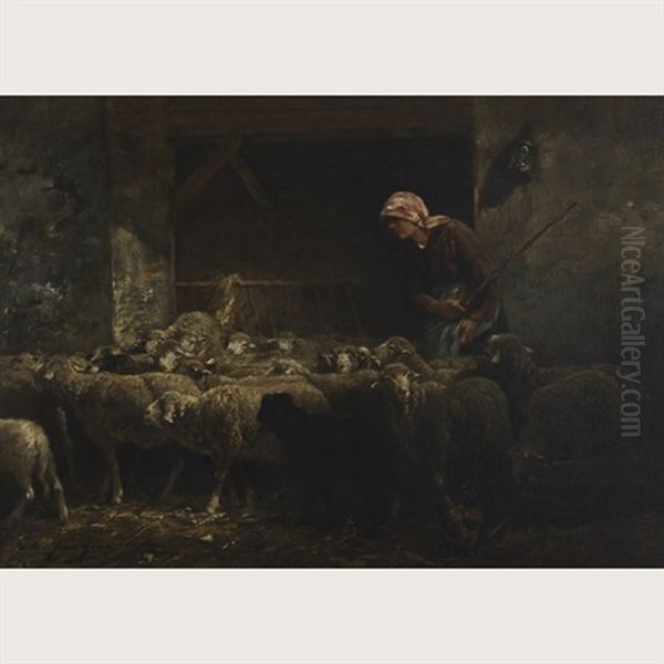 A Shepherdess And Flock In A Barn Interior Oil Painting by Charles Emile Jacque