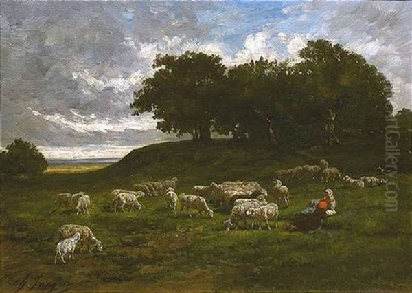 Schafherde Mit Hirtinnen In Sommerlicher Landschaft Oil Painting by Charles Emile Jacque