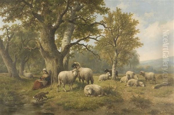 Shepardess With Her Flock Oil Painting by Charles Emile Jacque